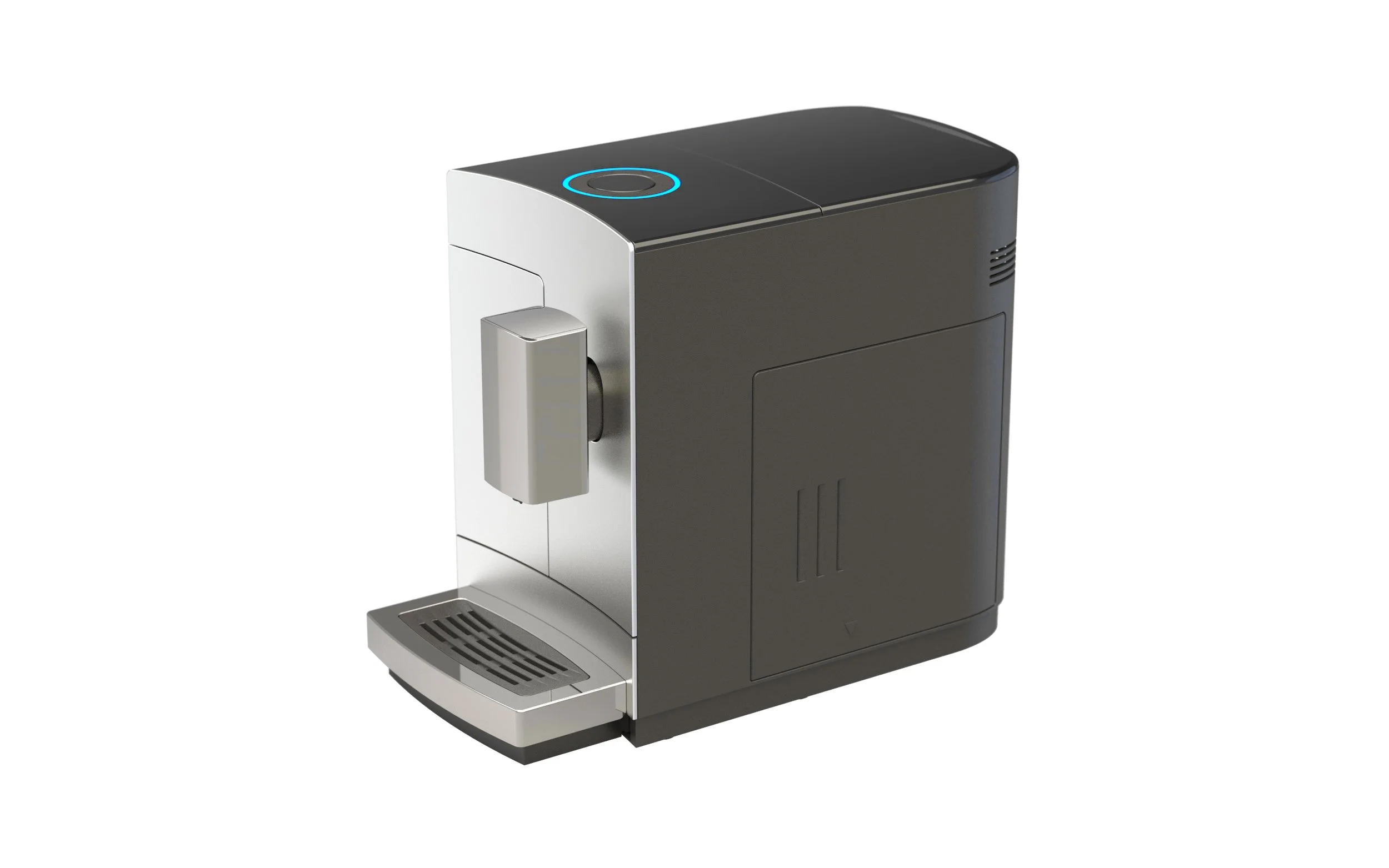 Single-serve coffee maker with a water reservoir, dispensing spout, and a blue-lit power button on top.
