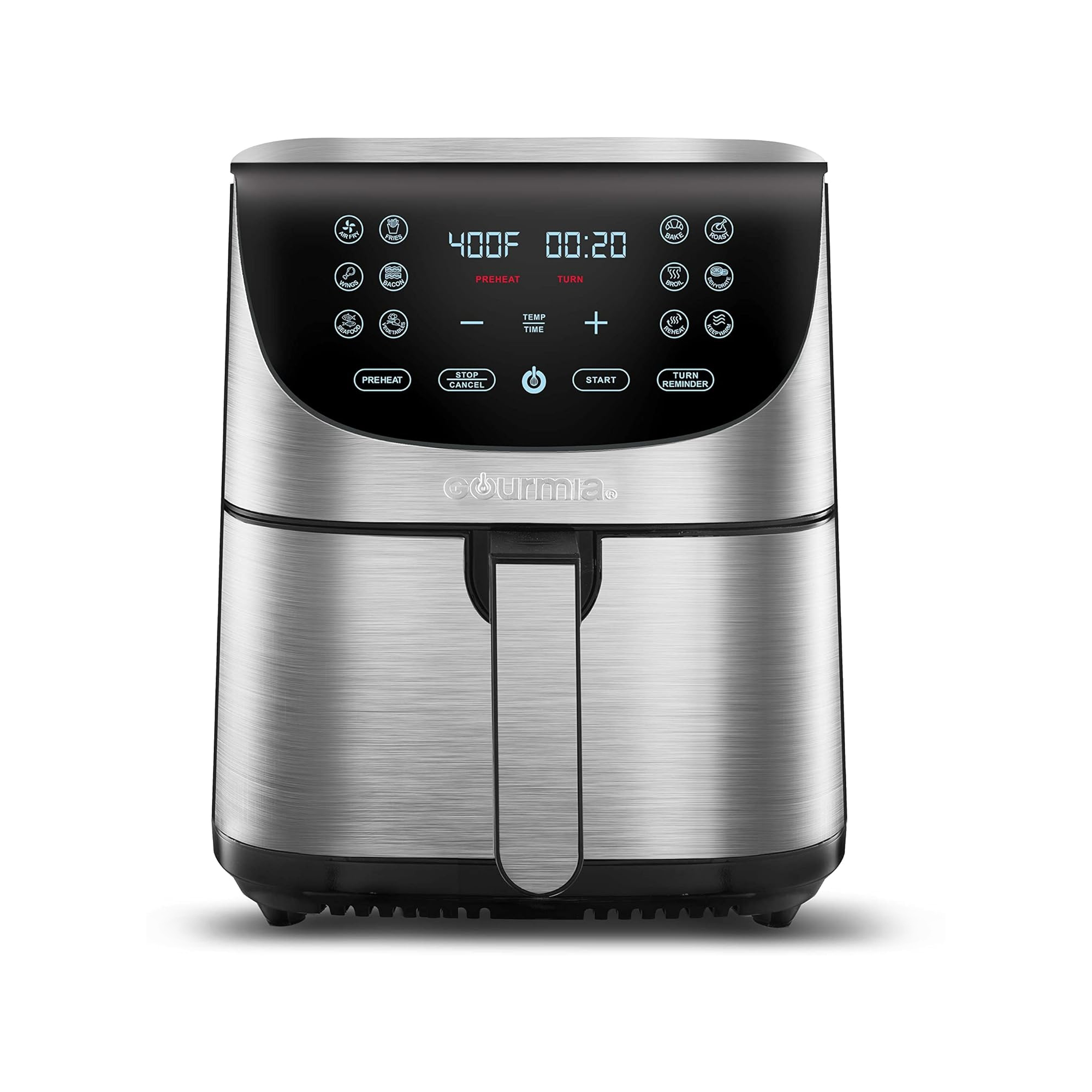A digital air fryer with a stainless steel finish and a black control panel displaying temperature and timer settings.