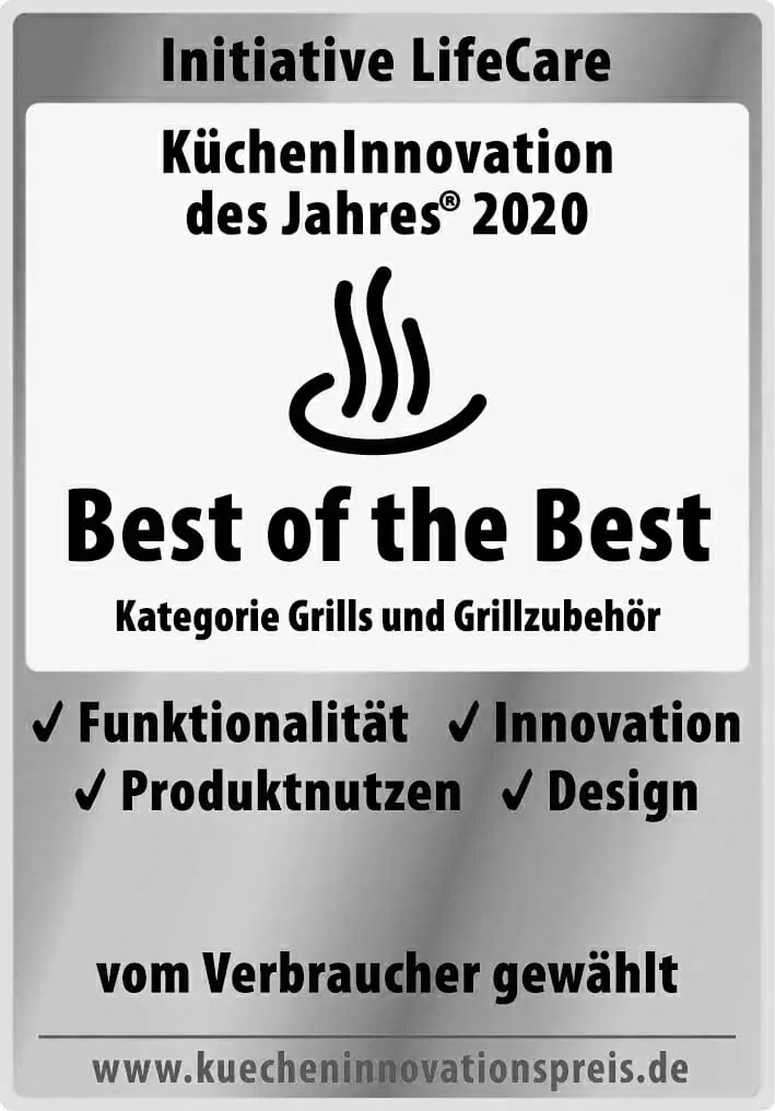 Award plaque for the 2020 Kitchen Innovation of the Year by Initiative LifeCare, titled 'Best of the Best' in grill and grill accessories, highlighting features like functionality, product usefulness, innovation, and design, awarded by consumers.