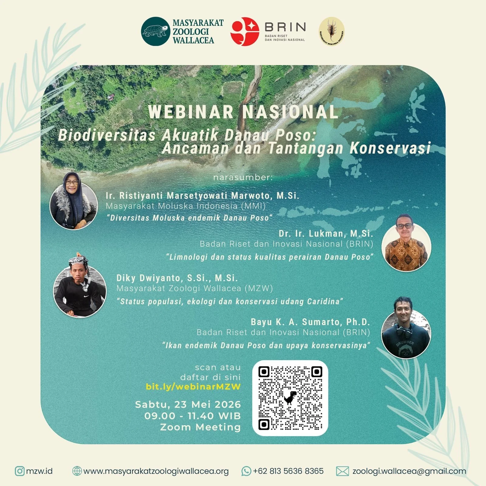 Dalam rangka memperingati Hari Keanekaragaman Hayati, kami mengundang Bapak/Ibu Dosen, Mahasiswa/i, Staf Pemerintahan, serta rekan pegiat konservasi untuk bergabung dalam:

Webinar Nasional
&ldquo;Biodiversitas Biota Akuatik Danau Poso: Ancaman dan T