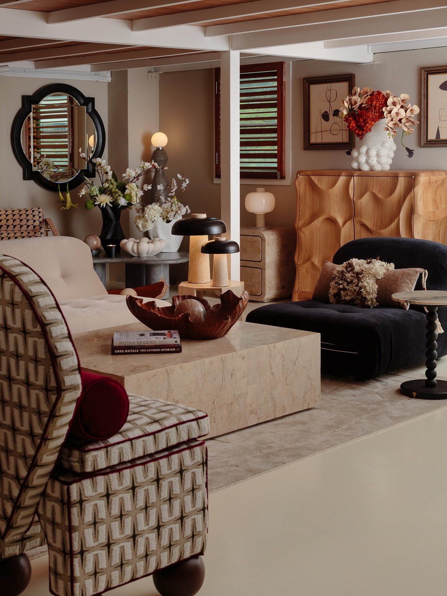 A study in contrast and harmony. Soft curves beside bold lines, vintage silhouettes beside sculptural forms, warm timber beside cool stone.
 We love spaces that celebrate the fusion of influences&hellip; design that feels global, grounded and deeply 