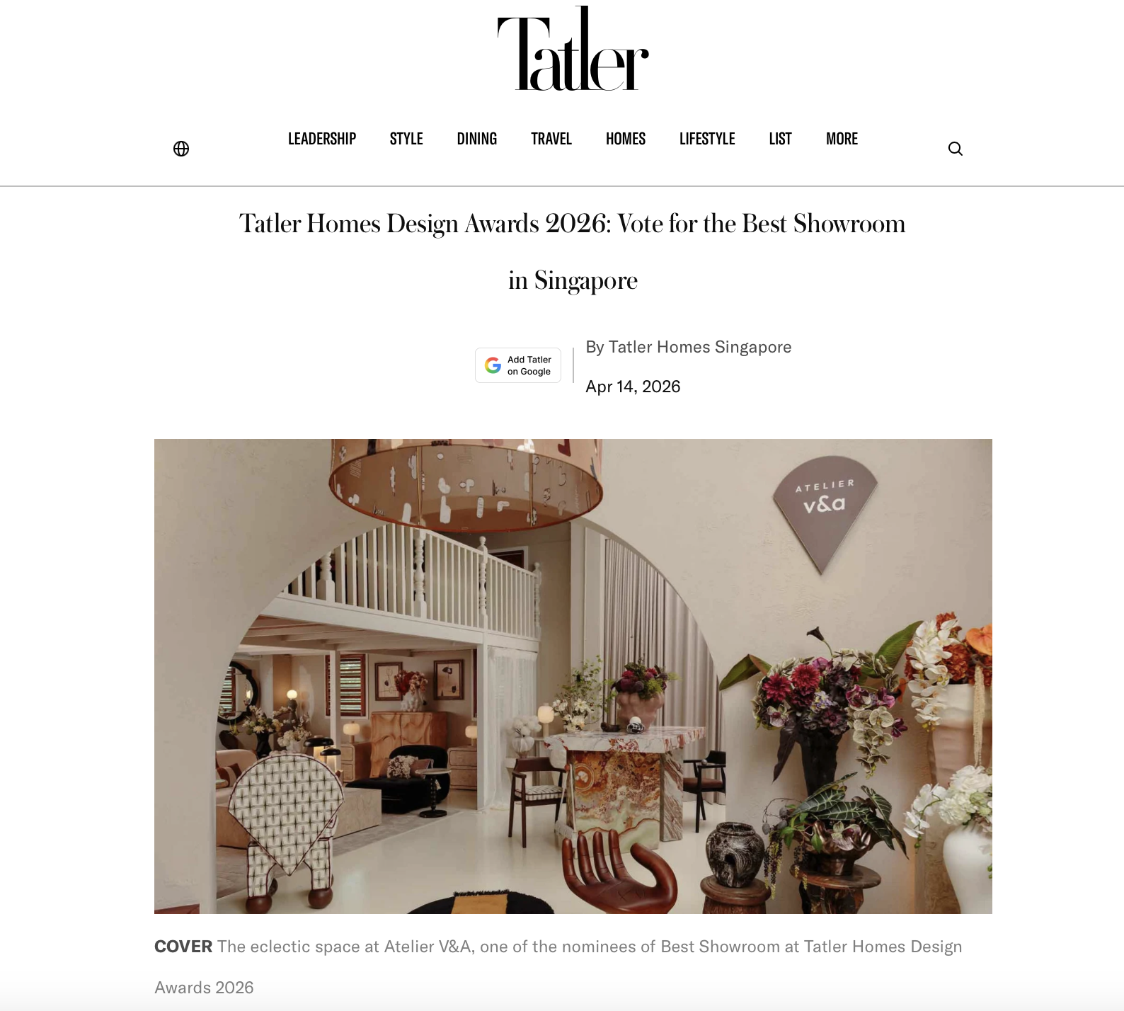 Atelier V&amp;A Nominated for Best Showroom at Tatler Homes Design Awards 2026