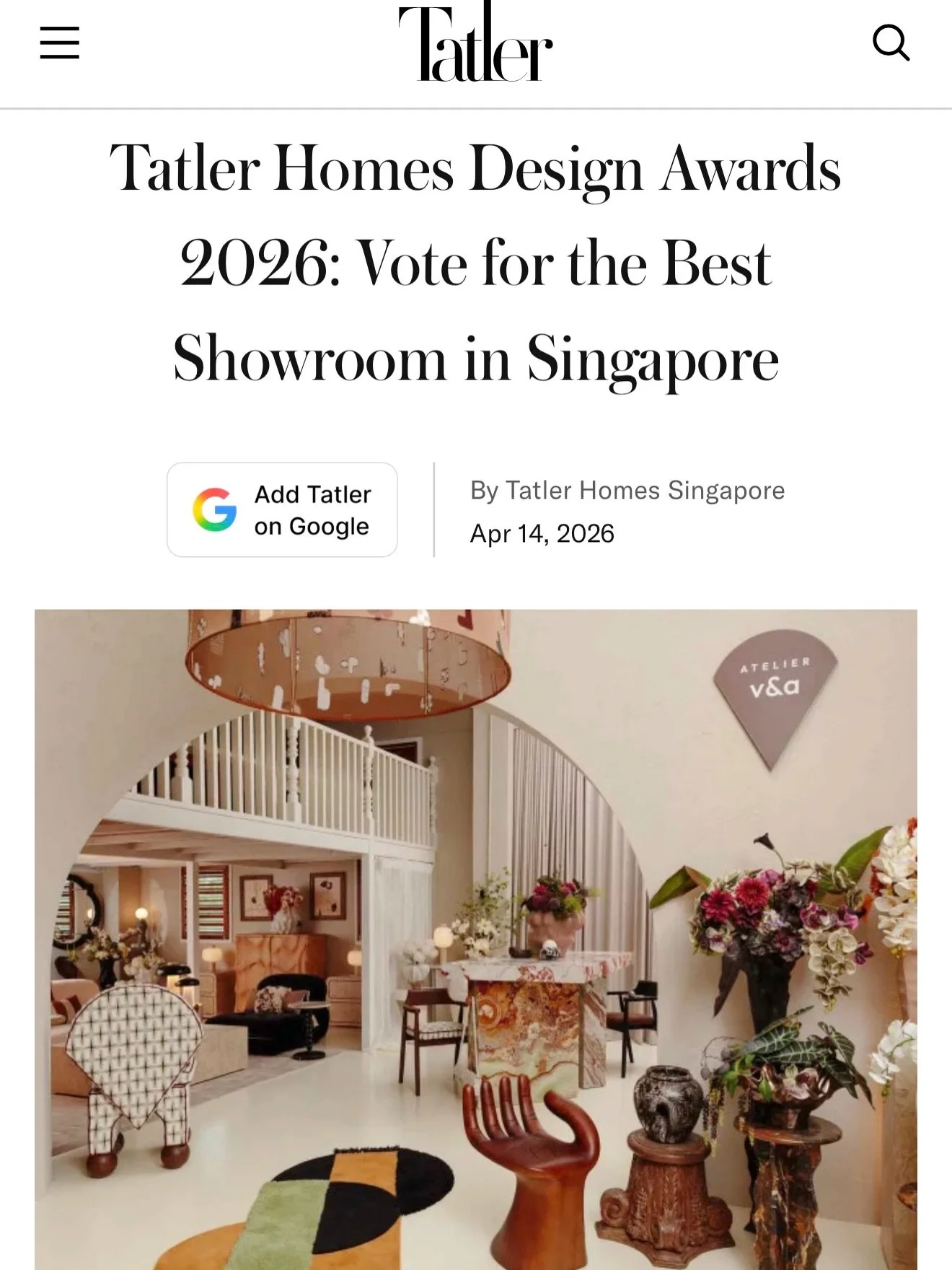 Big moment for us 🤩
Atelier V&amp;A has been nominated for Best Showroom at the Tatler Homes Design Awards 2026 🙏🏼 @tatlerhomes 

A space built around objects, materiality and story&hellip; and a growing community of makers and collaborators. 

If