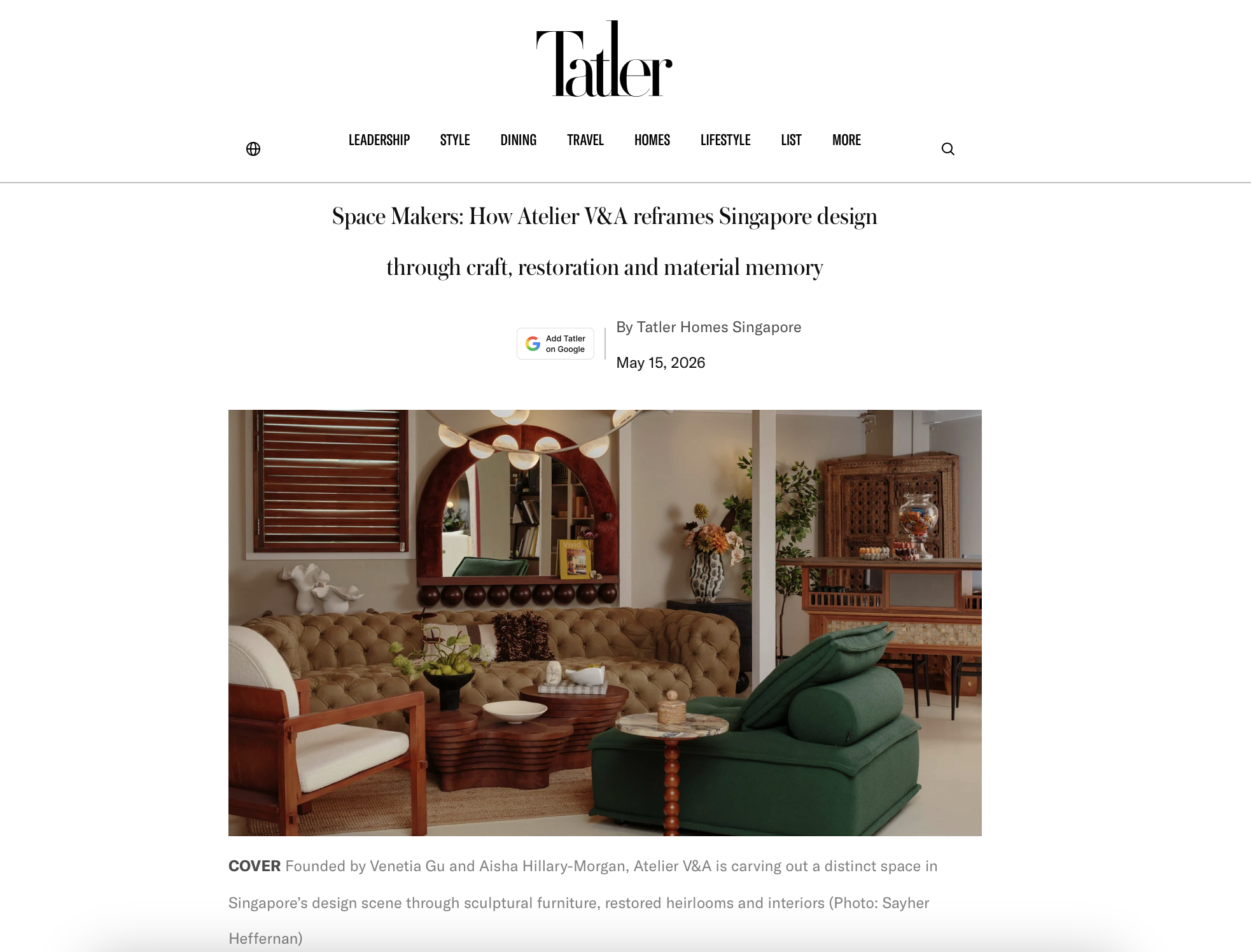 Atelier V&amp;A Featured by Tatler Asia’s Space Makers