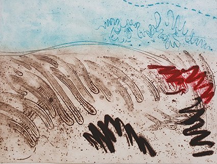 Birds, wind in reeds &amp; traffic, with my phone 36 x 49cm Collagraph