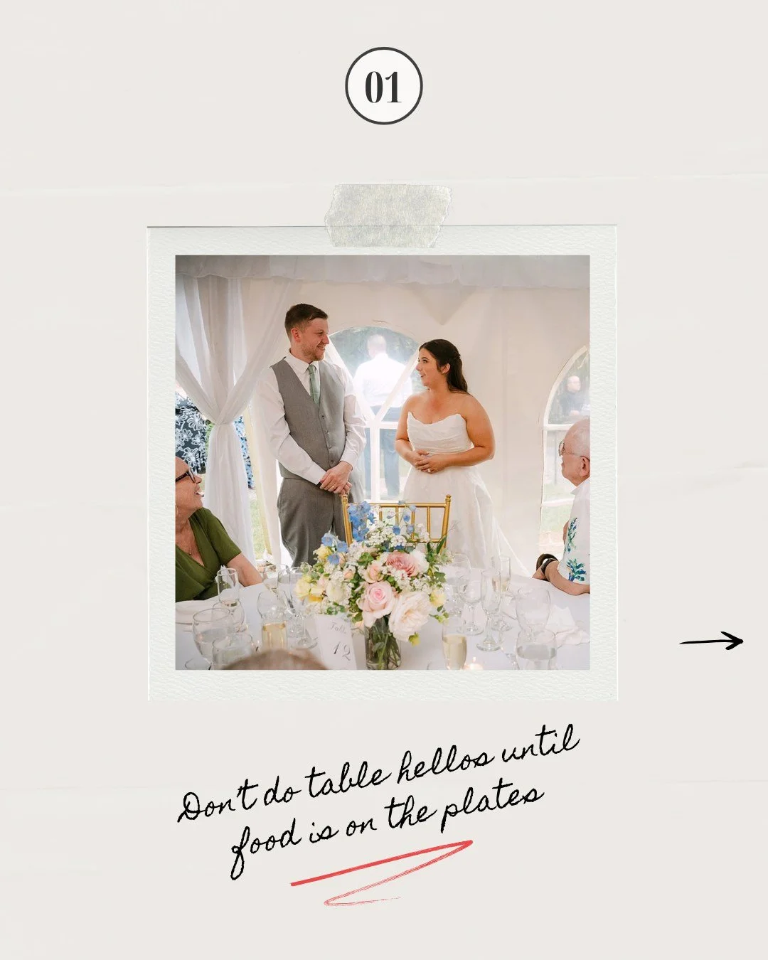 One of the most useful reception tips I&rsquo;ve heard came from a real couple.

&ldquo;Don&rsquo;t start greeting tables until food is on the plate.&rdquo;

It sounds small, but the logic is solid. If guests haven&rsquo;t been served yet, there&rsqu