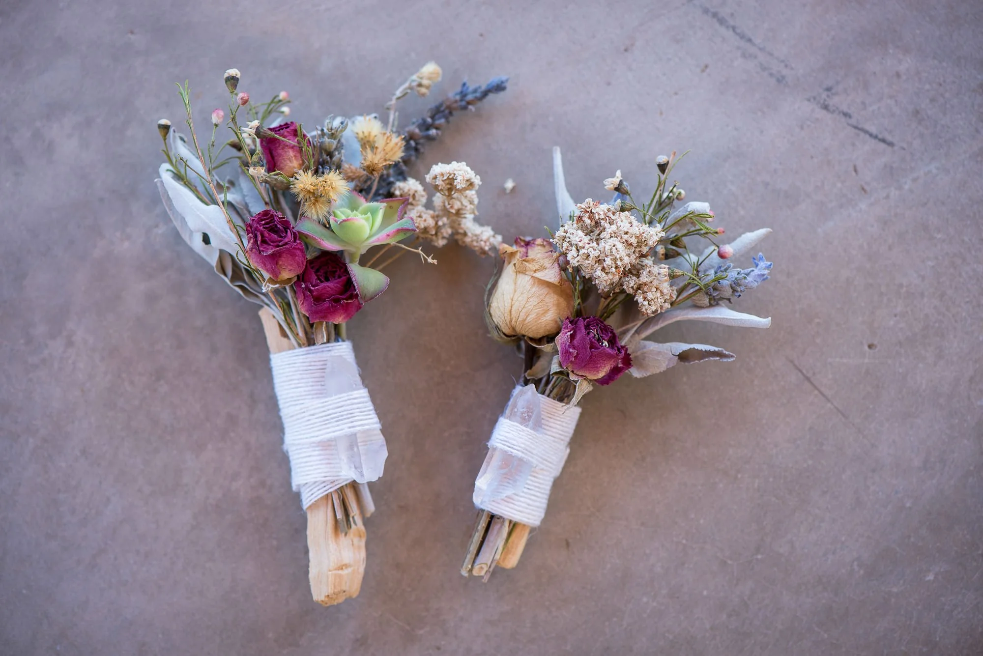 Boutonnieres with dried florals for a desert elopement in Joshua Tree