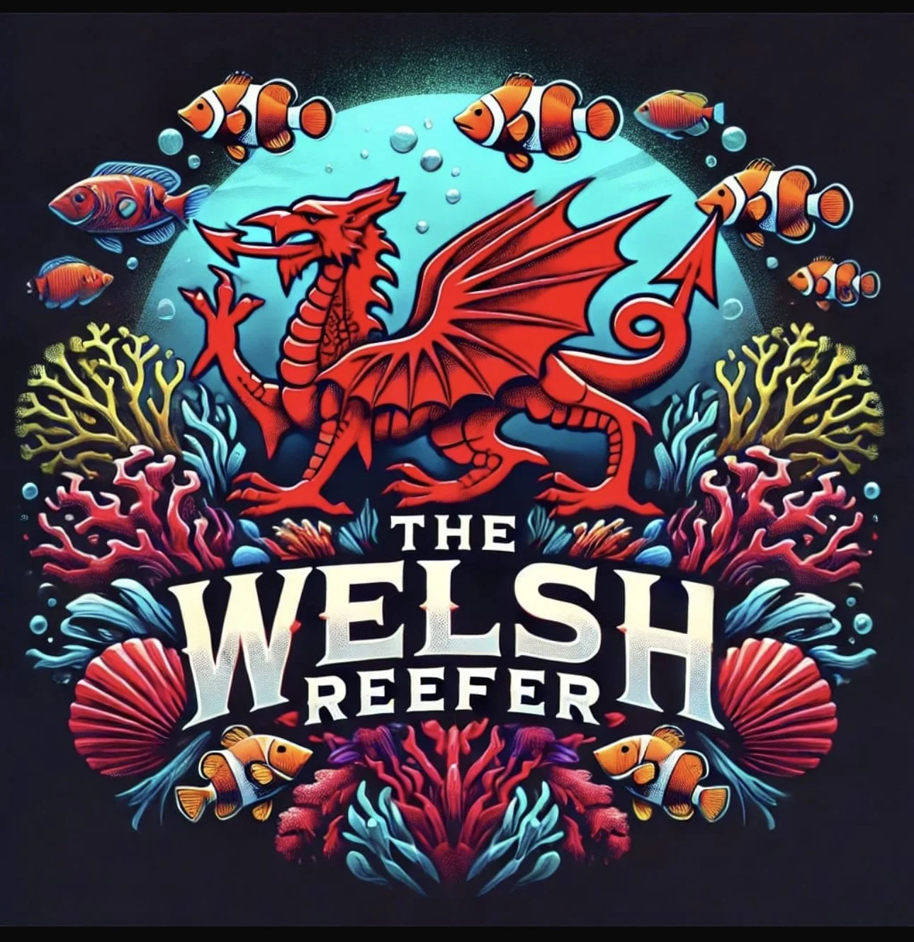Colorful graphic design featuring a red dragon surrounded by various sea creatures and coral, with the text "The Welsh Reef" in the center.
