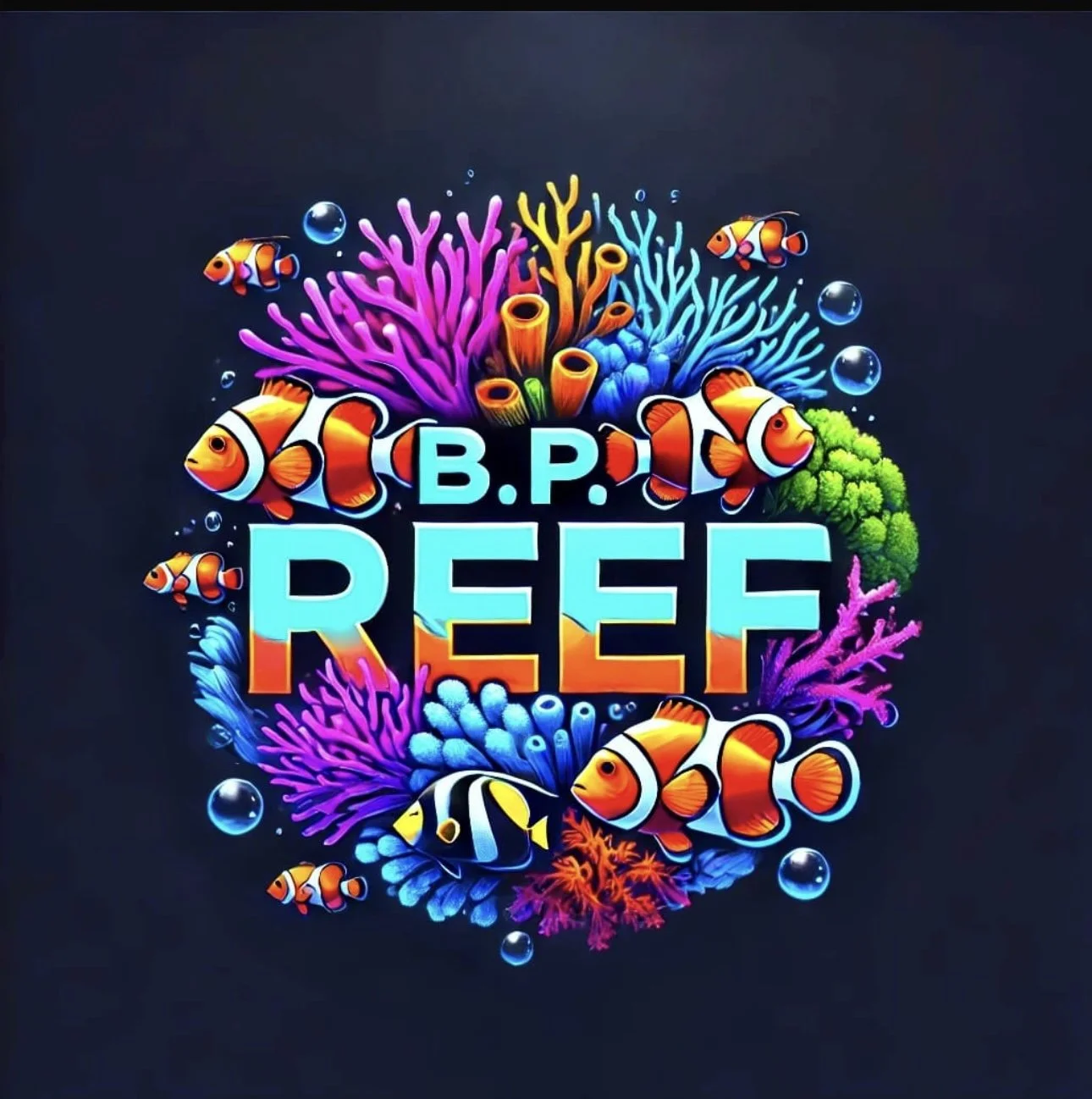 Brightly colored coral reef with clownfish, tropical fish, and marine plants, with the text 'B.P.I.C Reef' in the center.