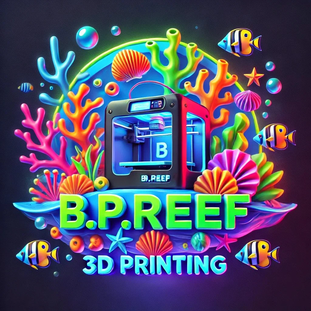 Colorful, neon-style illustration of a 3D printer surrounded by coral, seaweed, and fish, with the text 'B.P.REEF 3D PRINTING'.
