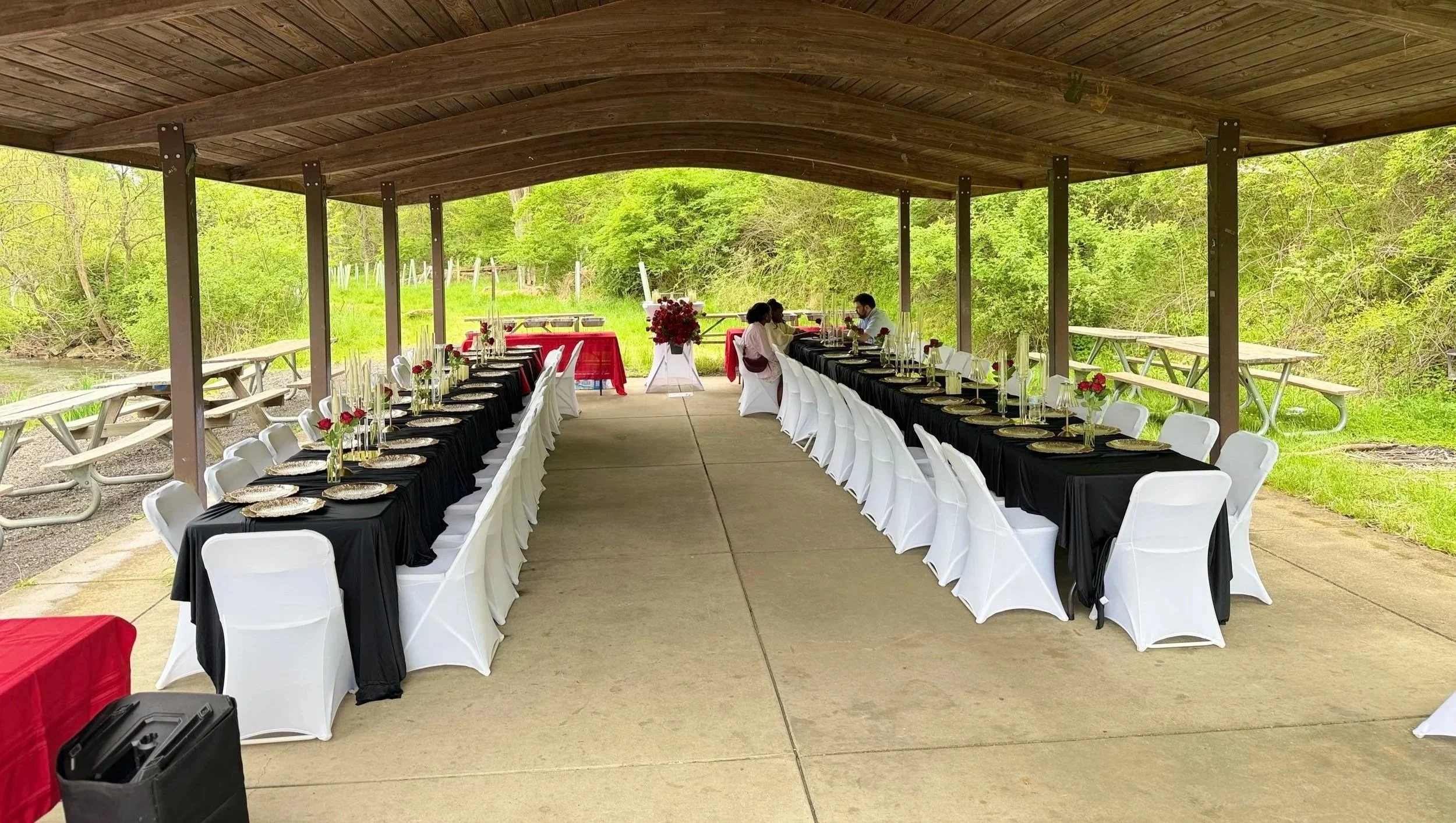 8-foot high quality table set up for event rental in Pittsburgh, ideal for graduation parties, weddings, and corporate events.