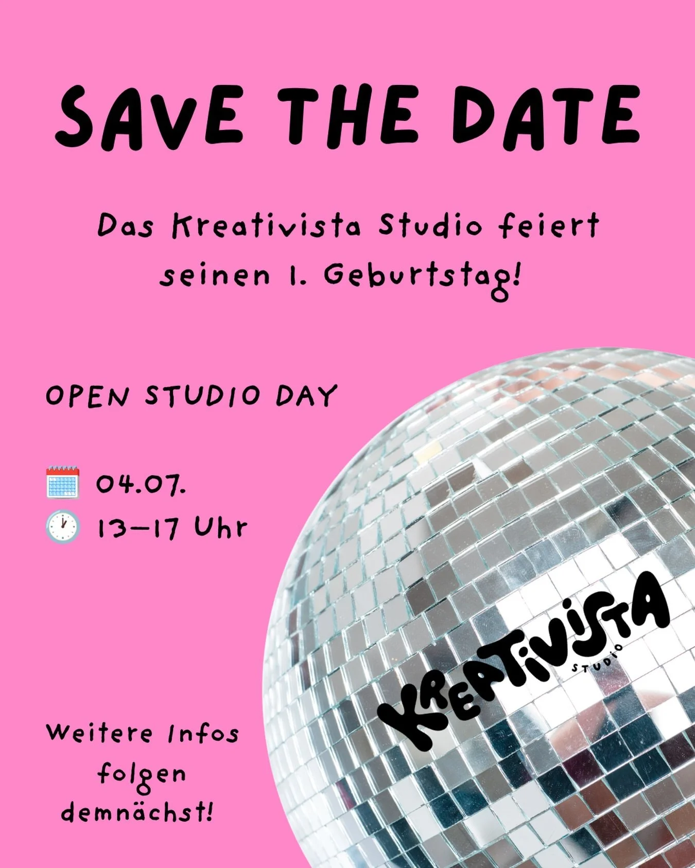 🎉 SAVE THE DATE 🎉 
Das Kreativista Studio wird 1 Jahr alt und das m&ouml;chten wir gemeinsam mit euch feiern! 🥳💖 
Am 04.07. &ouml;ffnen wir von 13&ndash;17 Uhr die T&uuml;ren zu unserem Open Studio Day. Freut euch auf einen kreativen Nachmittag v