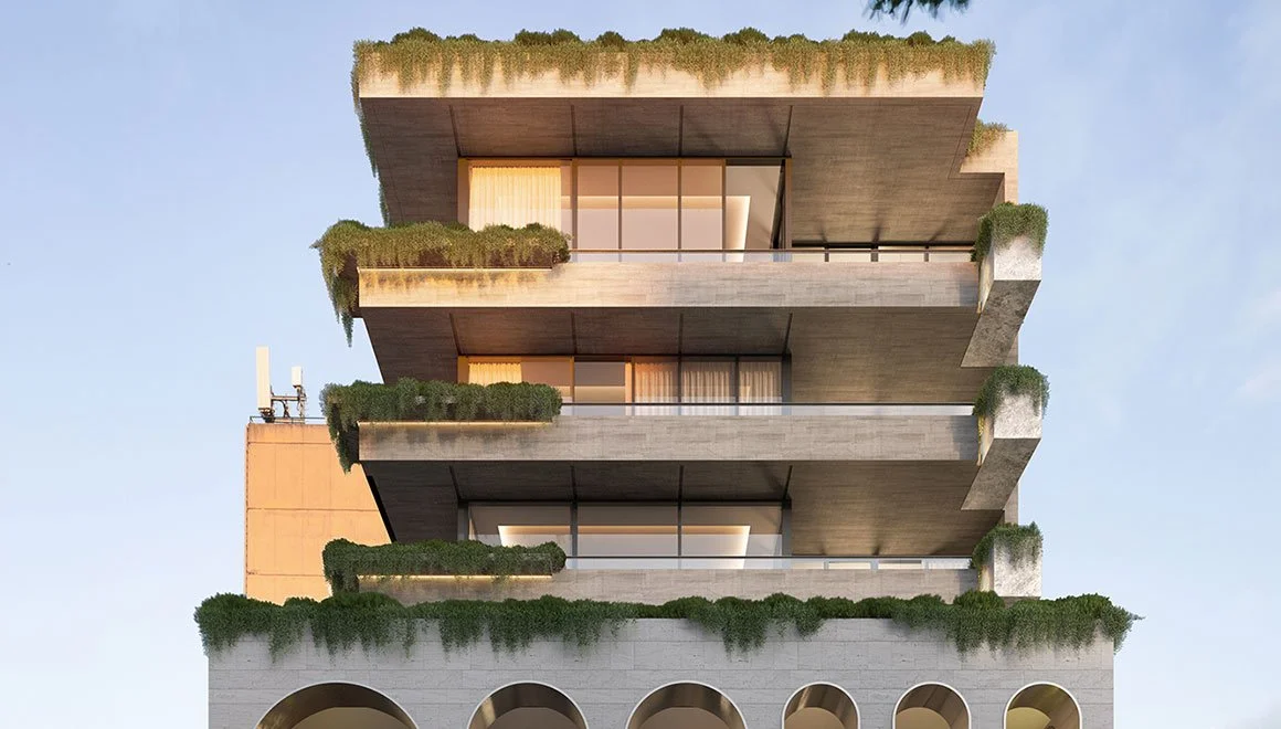 Modern multi-story building with large balconies, greenery on each level, and concrete exterior.