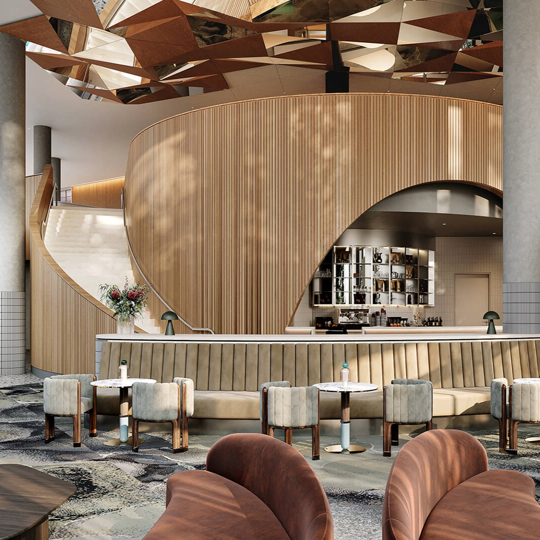 Modern interior of a hotel or restaurant lounge with a curved wooden bar, beige seating, small round tables, and decorative ceiling panels.