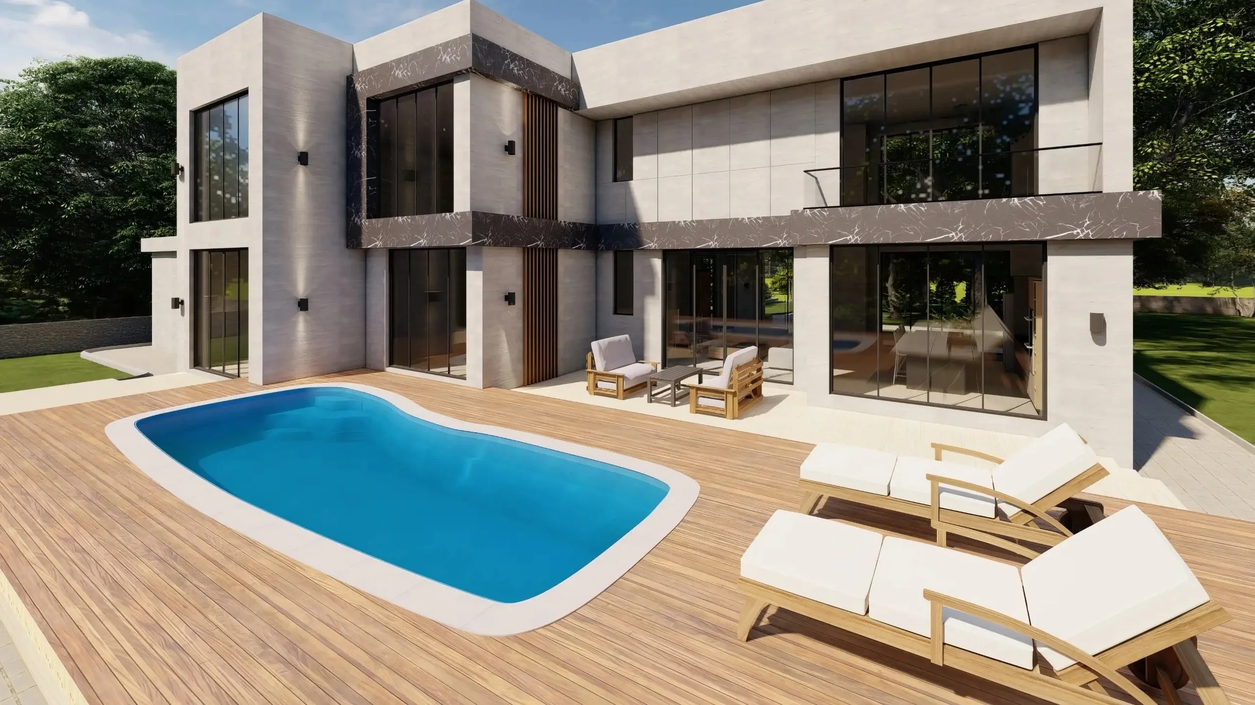 Modern two-story house with large glass windows and a swimming pool on a wooden deck. Outdoor patio furniture includes two cushioned chairs, a small table, and two lounge chairs. The house has a white and dark marble exterior with trees in the background.
