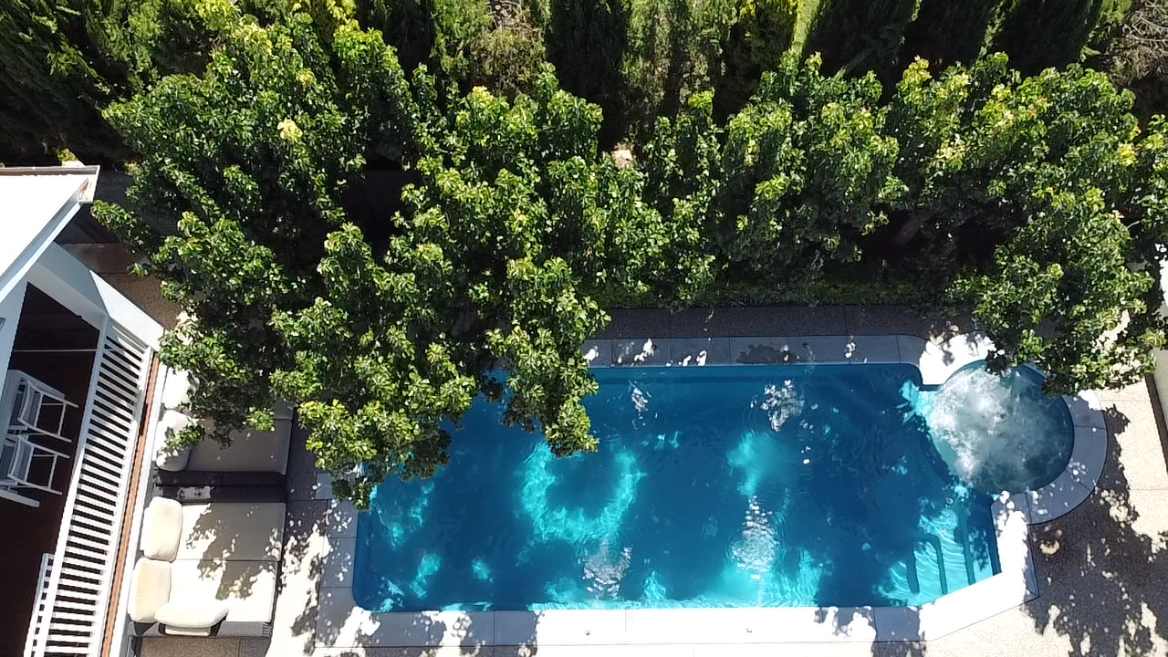 Top-down view of a backyard swimming pool with clear blue water, surrounded by a patio with some lounge chairs, and tall green trees providing shade.
