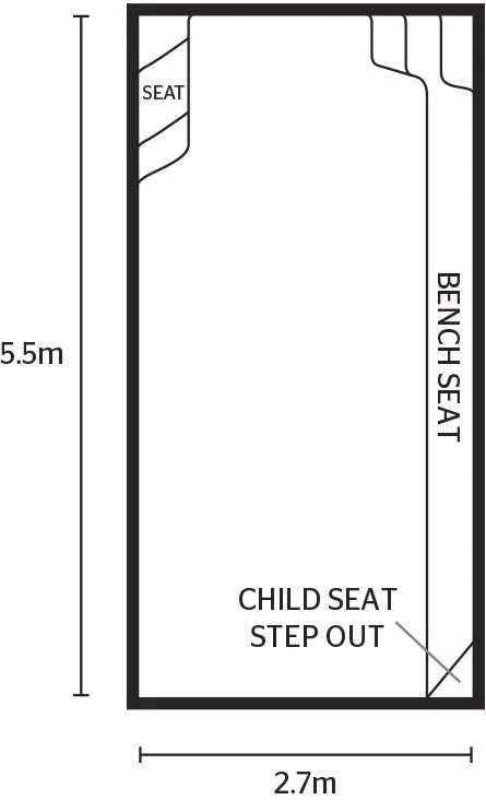 Floor plan of a 5.5 meter by 2.7 meter swimming pool with a bench seat along one side, a child seat with a step out at one end, and additional seating at one corner.