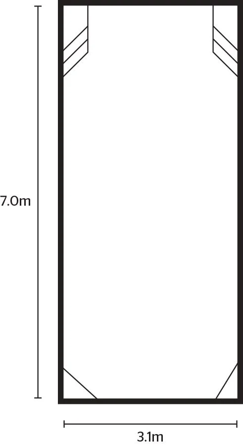 Floor plan of a 7-meter by 3.1-meter rectangular space with black borders and corner markings.