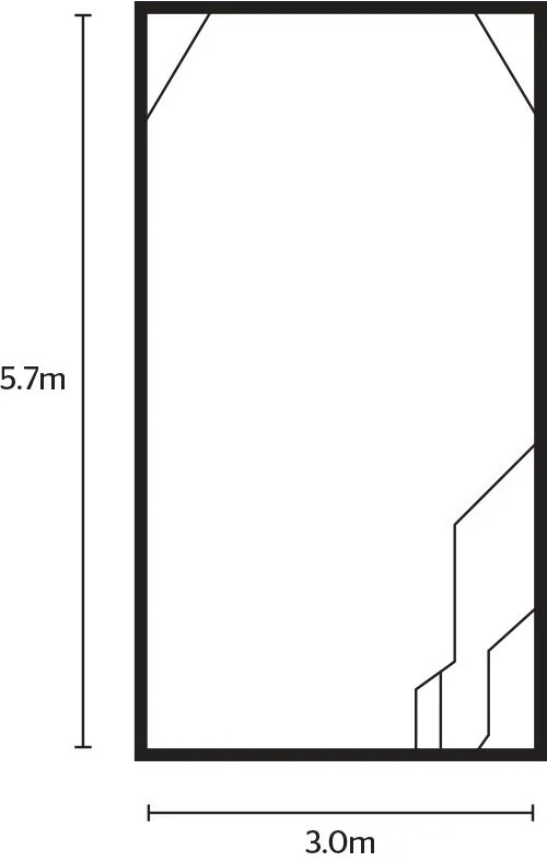 A black floor plan of a rectangular room measuring 5.7 meters by 3.0 meters, with a staircase on the bottom right corner and diagonal lines at the top corners indicating structural features.