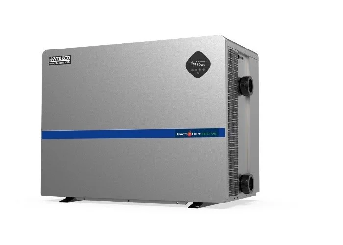 Silver portable water heater with digital display and blue and red stripes