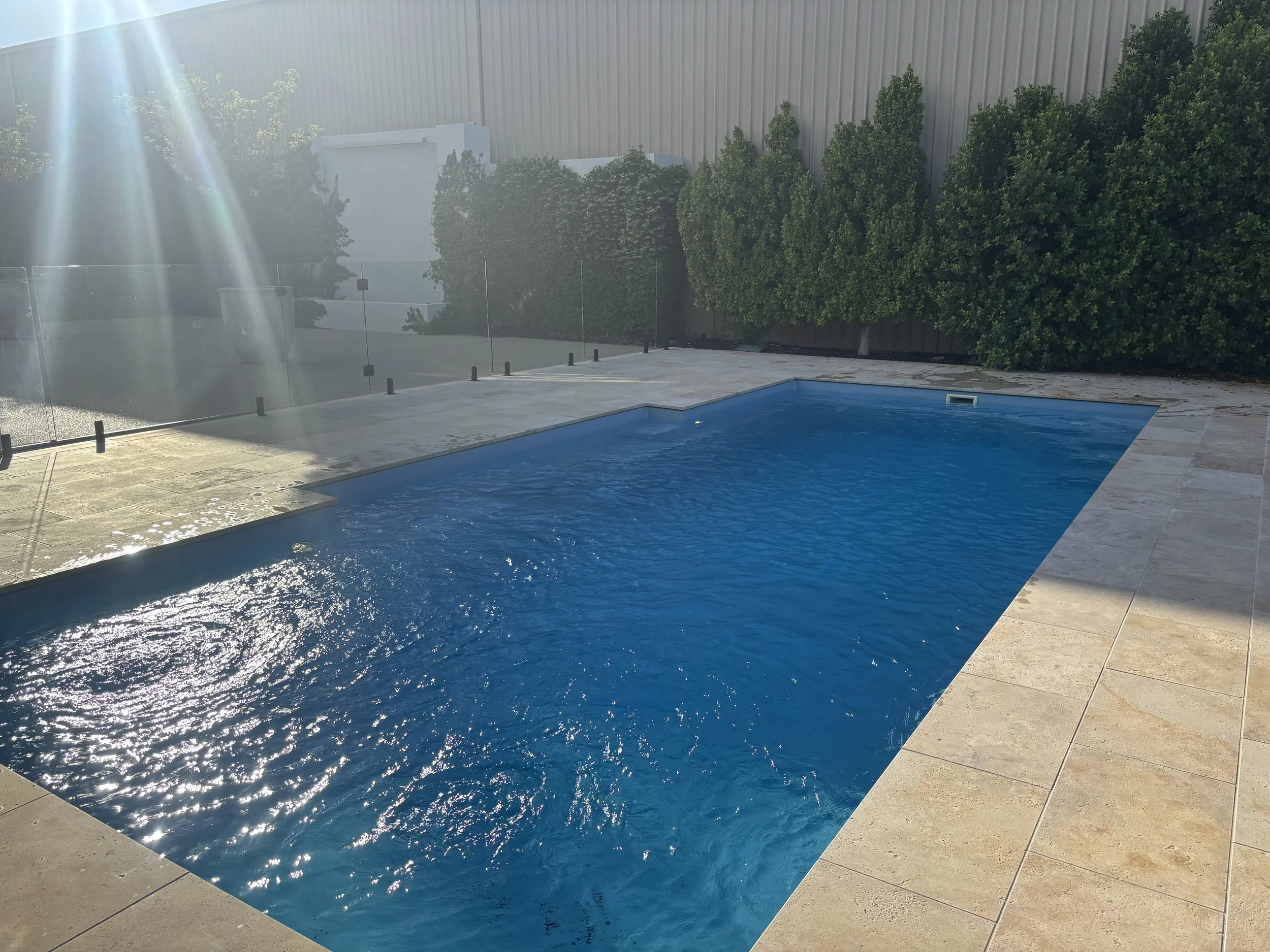 Empty rectangular swimming pool with blue water, surrounded by beige tile deck, with sunlight and shadows, green bushes in the background.