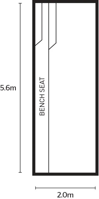 Top-down diagram of a rectangular room measuring 5.6 meters by 2 meters, with the label 'Bench Seat' along one side.