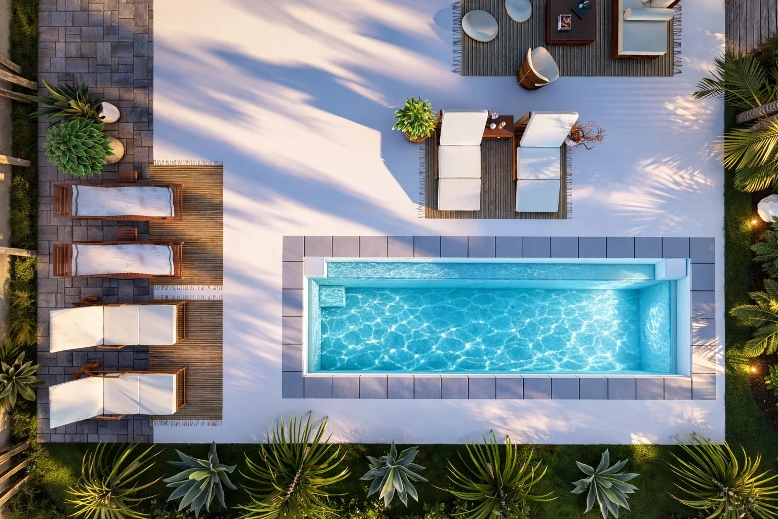 Top-down view of a modern backyard with a rectangular swimming pool, four lounge chairs with white cushions on a wooden deck, a sitting area with outdoor furniture, and tropical plants along the border.
