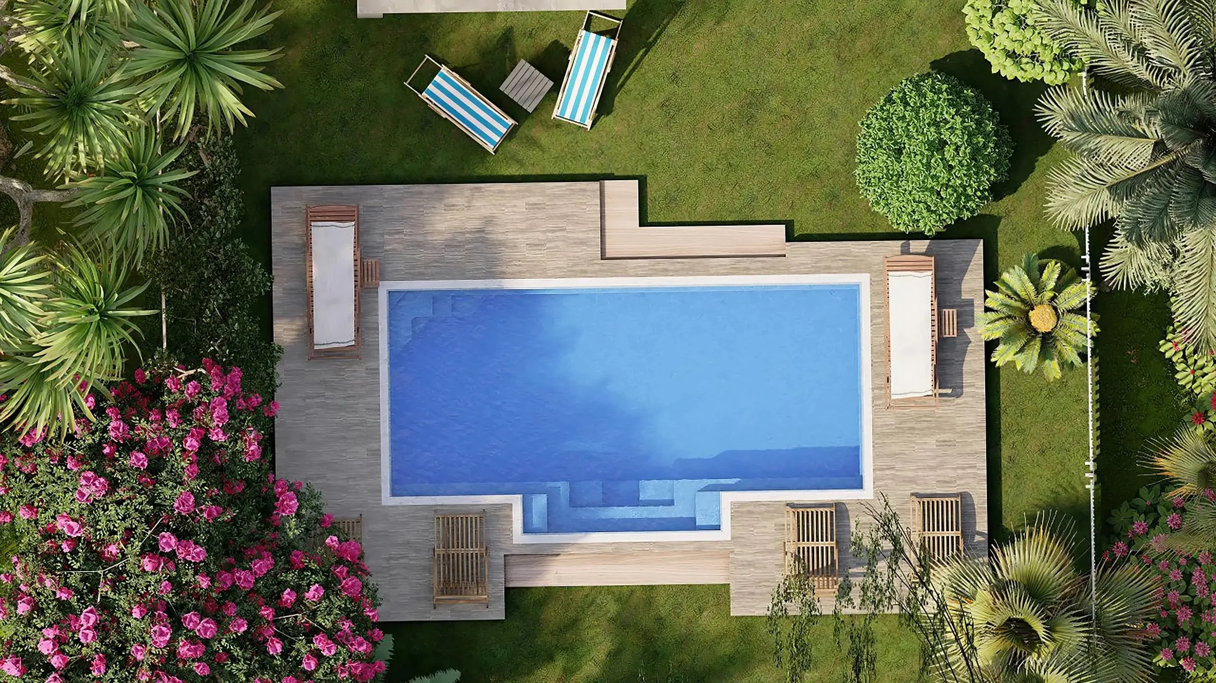 A top-down view of a backyard featuring a rectangular swimming pool with a wooden deck, lounge chairs, lush green grass, and various trees and flowering plants surrounding the area.