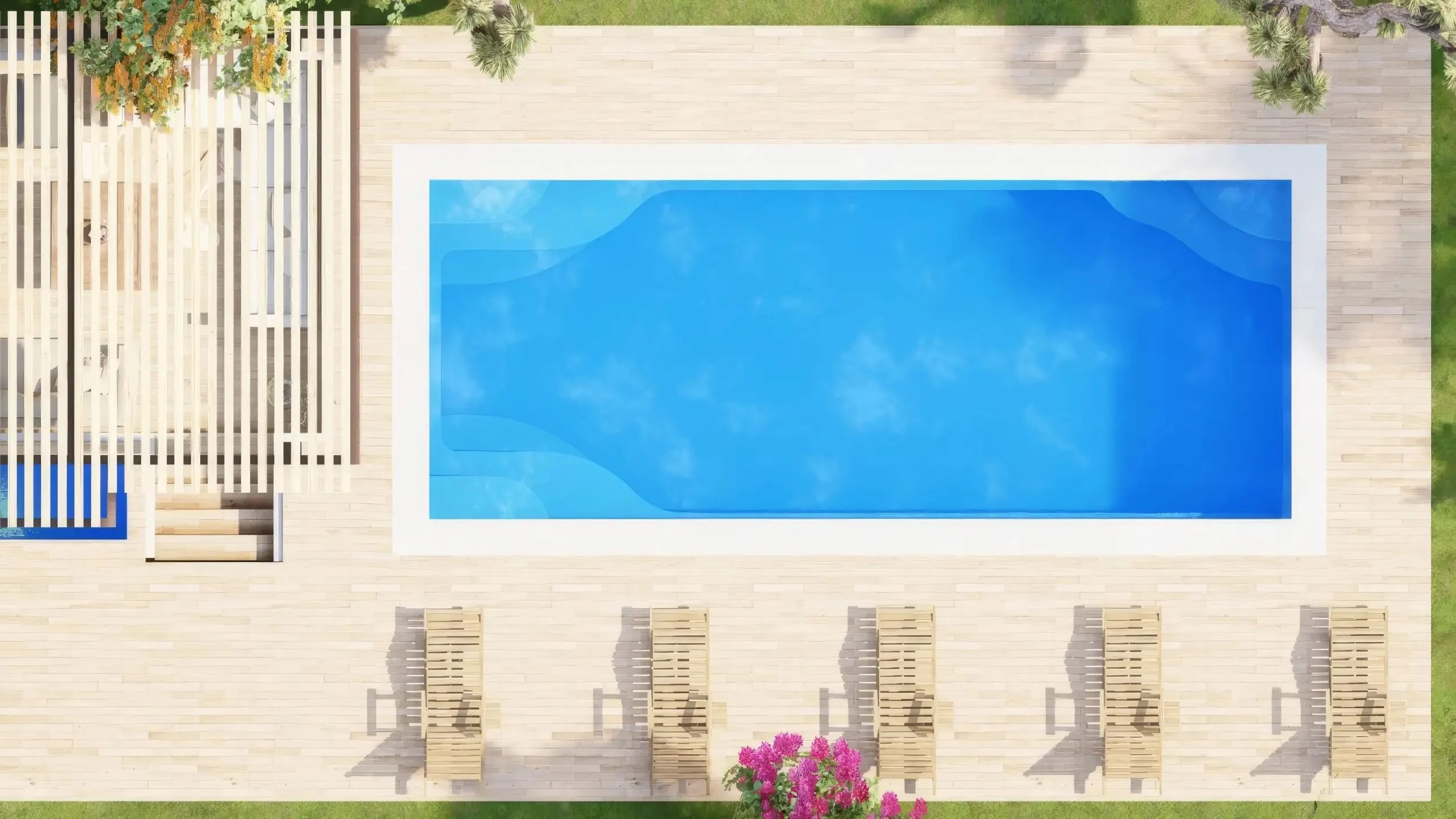 Top-down view of a rectangular blue swimming pool surrounded by a light tan wooden deck with five wooden lounge chairs and a flowering pink shrub at the bottom center.