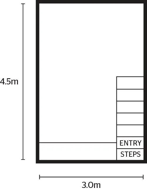 Diagram of a building floor plan with dimensions 3 meters wide by 4.5 meters tall, showing an entry and steps on the lower right side.