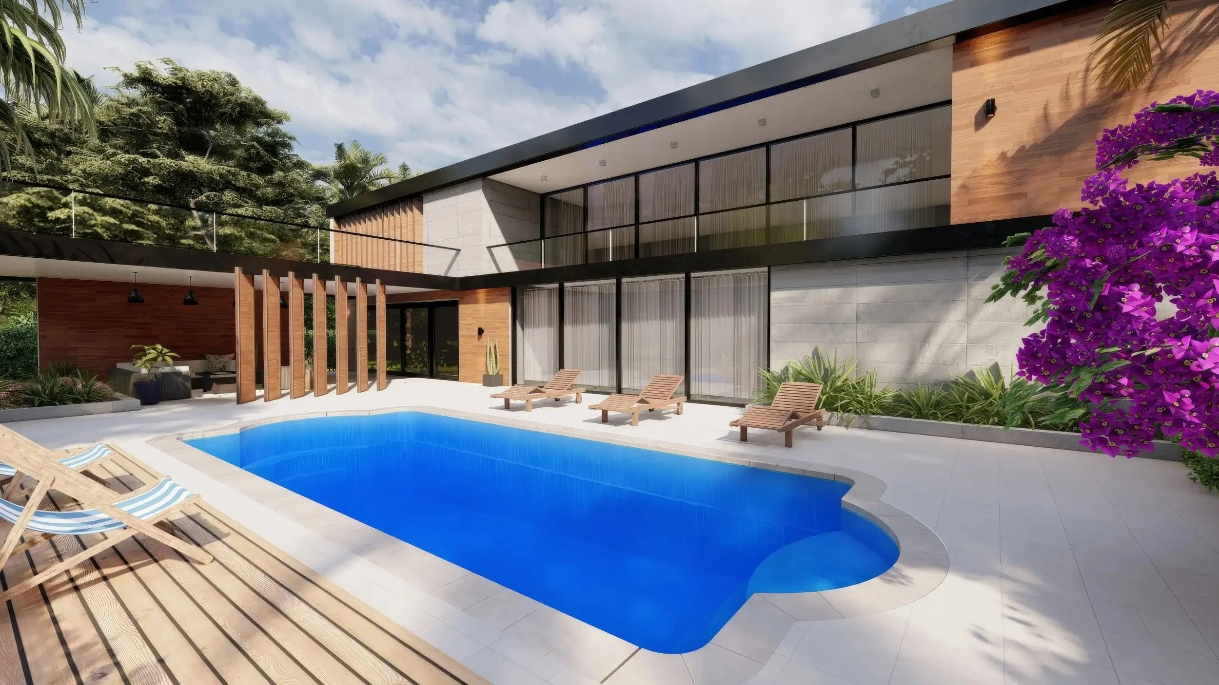 Modern backyard with swimming pool, lounge chairs, lush greenery, and a contemporary house with large windows.