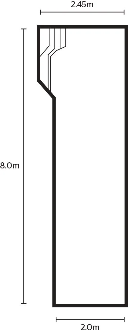 A technical drawing of a long, narrow rectangular swimming pool measuring 8 meters in length, 2 meters in width, with stairs at one end, shown with precise dimensions.