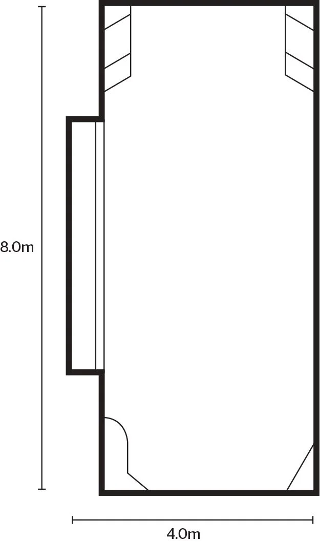 Floor plan of a 4-meter by 8-meter rectangular room with door on the bottom left and two shelves on the top left and top right corners.