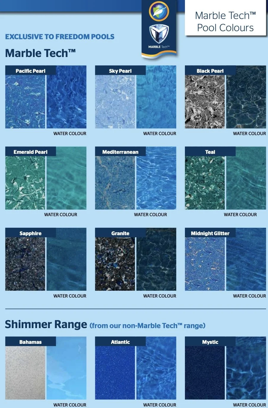 Color palette chart displaying various pool water colors, including Pacific Pearl, Sky Pearl, Black Pearl, Emerald Pearl, Mediterranean, Teal, Sapphire, Granite, Midnight Glitter, and additional non-Marble Tech options Bahamas, Atlantic, and Mystic, with swatches showing water color effects.