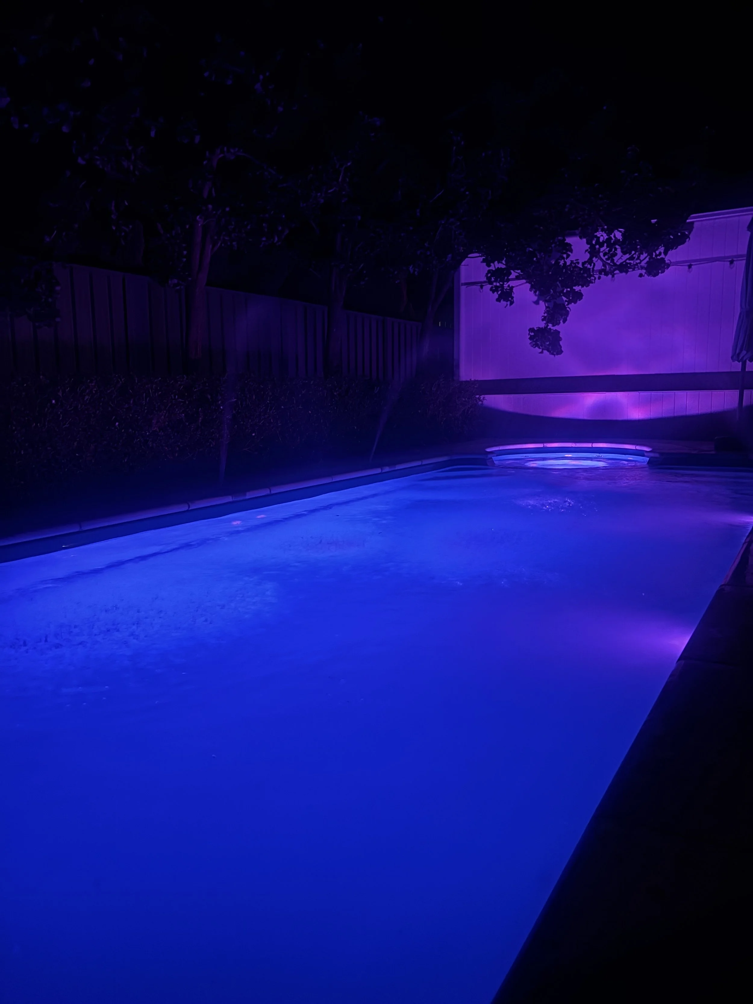 Nighttime swimming pool illuminated with vibrant blue and purple underwater lights, surrounded by a privacy fence and trees.