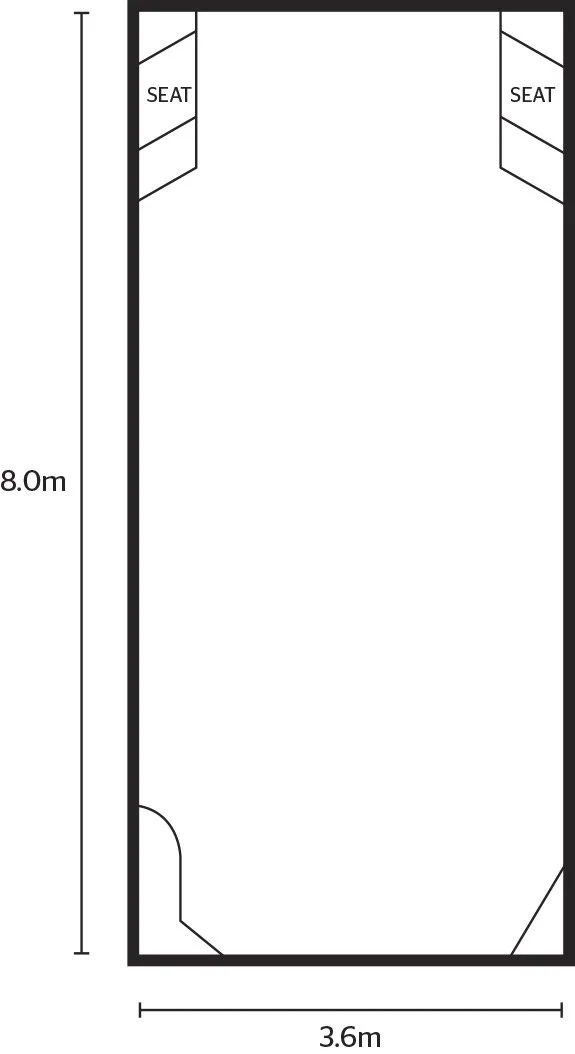 Floor plan of a 3.6m by 8.0m rectangular room with two seats labeled "SEAT" on opposite corners near the top, with a door at the bottom left corner.