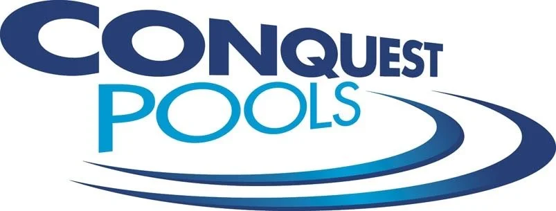 Conquest Pools logo with the text "CONQUEST POOLS" in large blue font and a curved swoosh design.