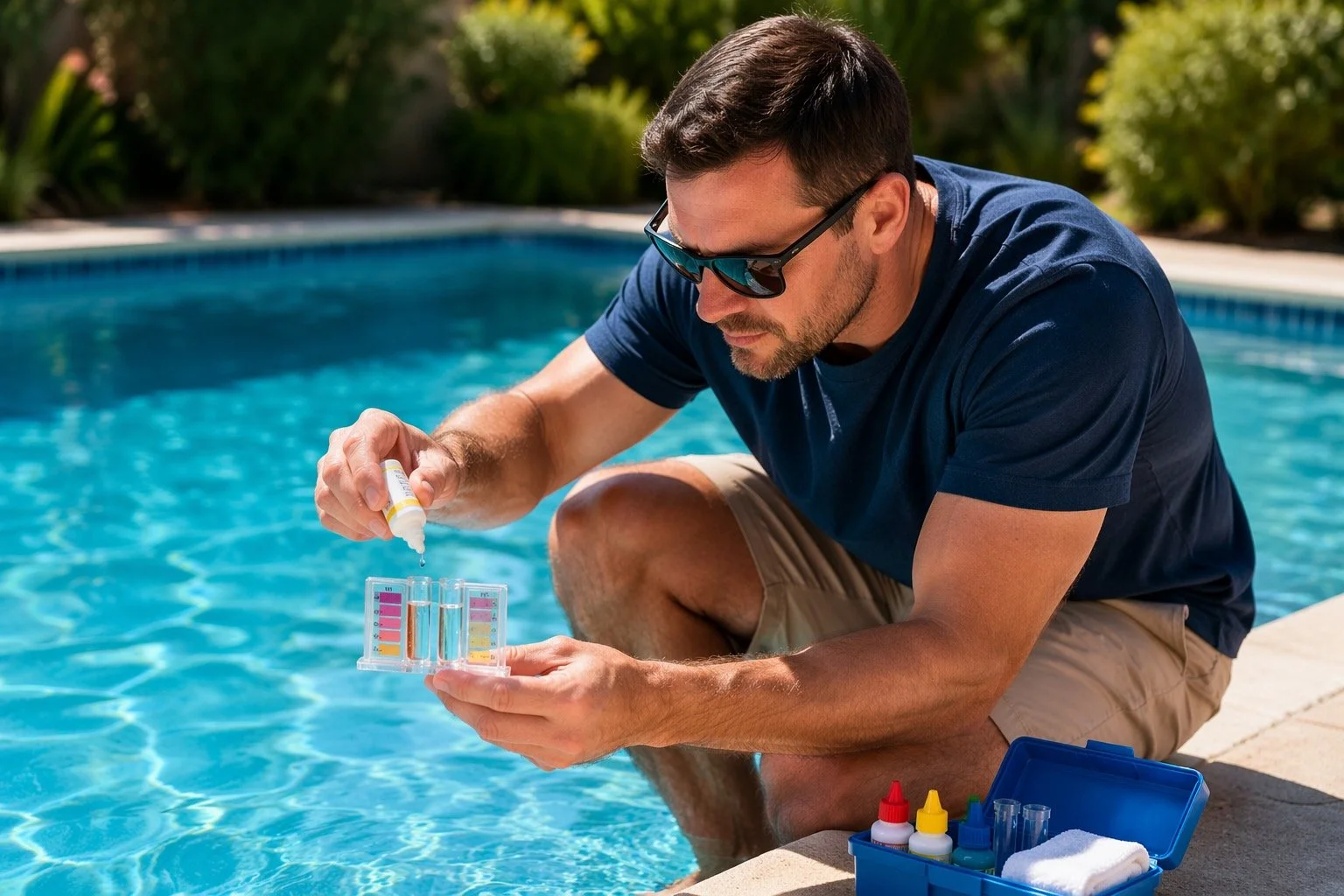 Man testing water quality by adding chemicals into test tubes near a swimming pool