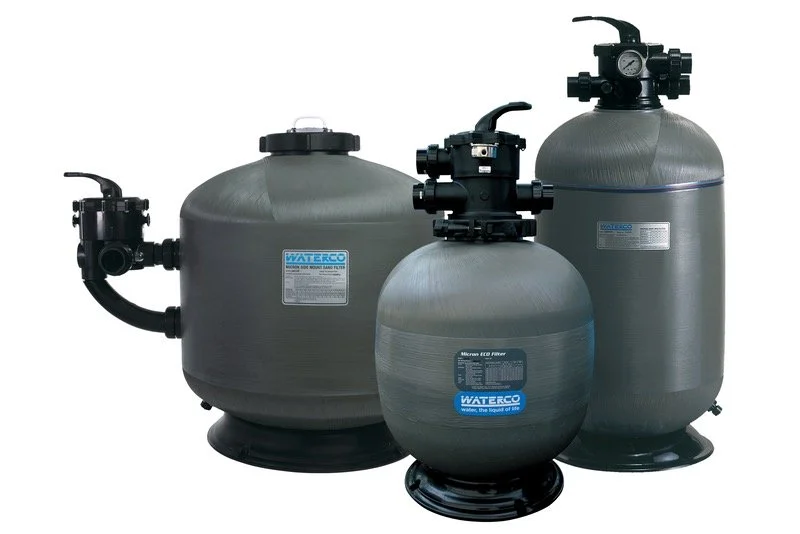 Three grey water filter tanks with black control valves and labels, arranged from left to right, against a white background.