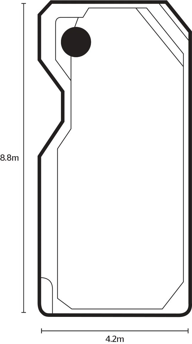 A rectangular sports field measuring 8.8 meters by 4.2 meters with a black border, a black circle near the top left, and a smaller black semi-circle at the bottom left corner.