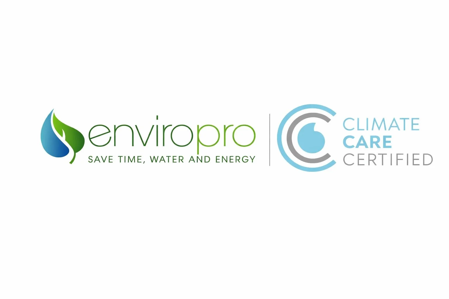 EnviroPro logo with a green and blue leaf symbol, and the words "save time, water, and energy" underneath. Next to it is the Climate Care Certified logo with circular design elements and blue and gray text.