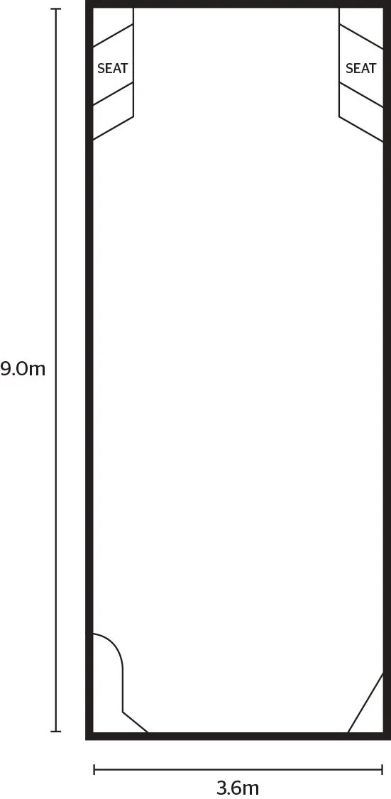 A 9-meter by 3.6-meter rectangular room layout with two built-in seats on opposite sides near the top.