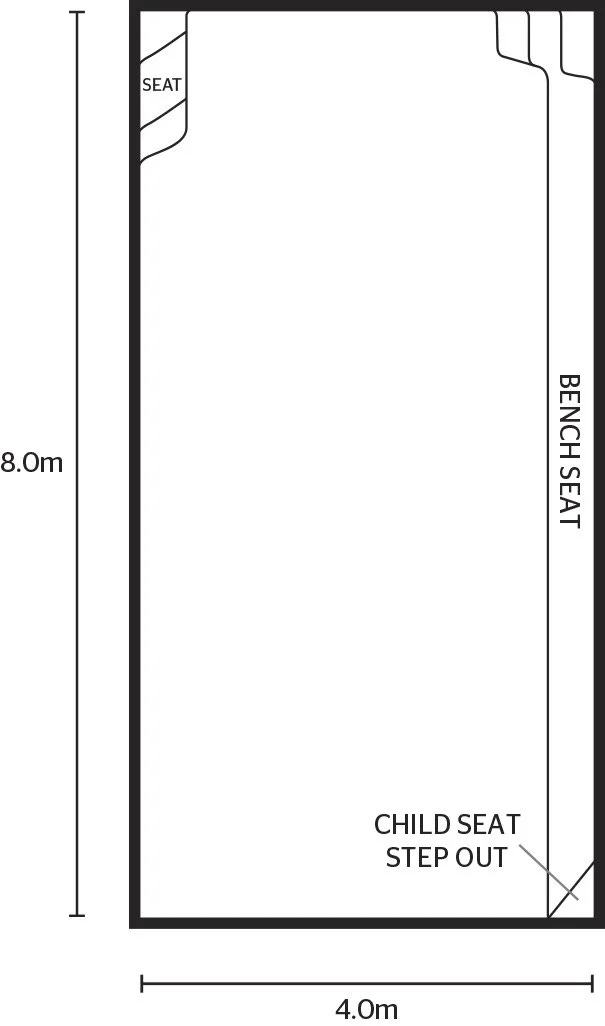 Blueprint of a gymnastics or physical activity mat with dimensions 8 meters by 4 meters, featuring a seat area at the top left corner, a bench seat along the right side, and a child seat step out area at the bottom right corner.