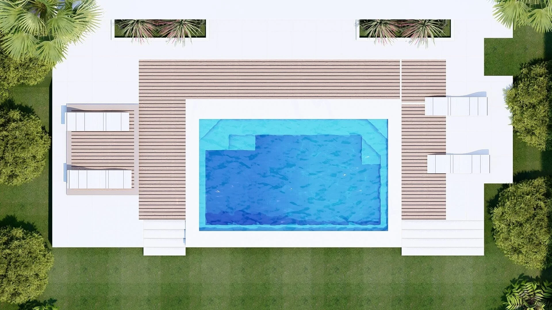 Top-down view of a rectangular swimming pool surrounded by a deck and green lawn, with steps leading to the deck and trees around the perimeter.