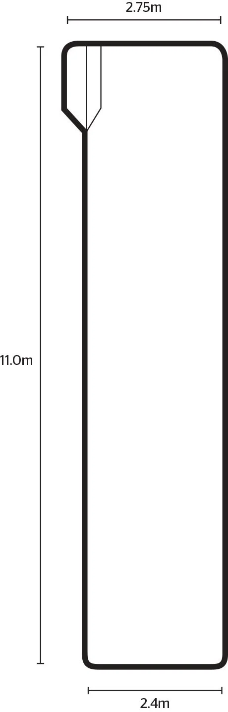 Diagram of a rectangular swimming pool measuring 11 meters in length, 2.4 meters in width, and 2.75 meters in depth with an inclined entry step at one end.