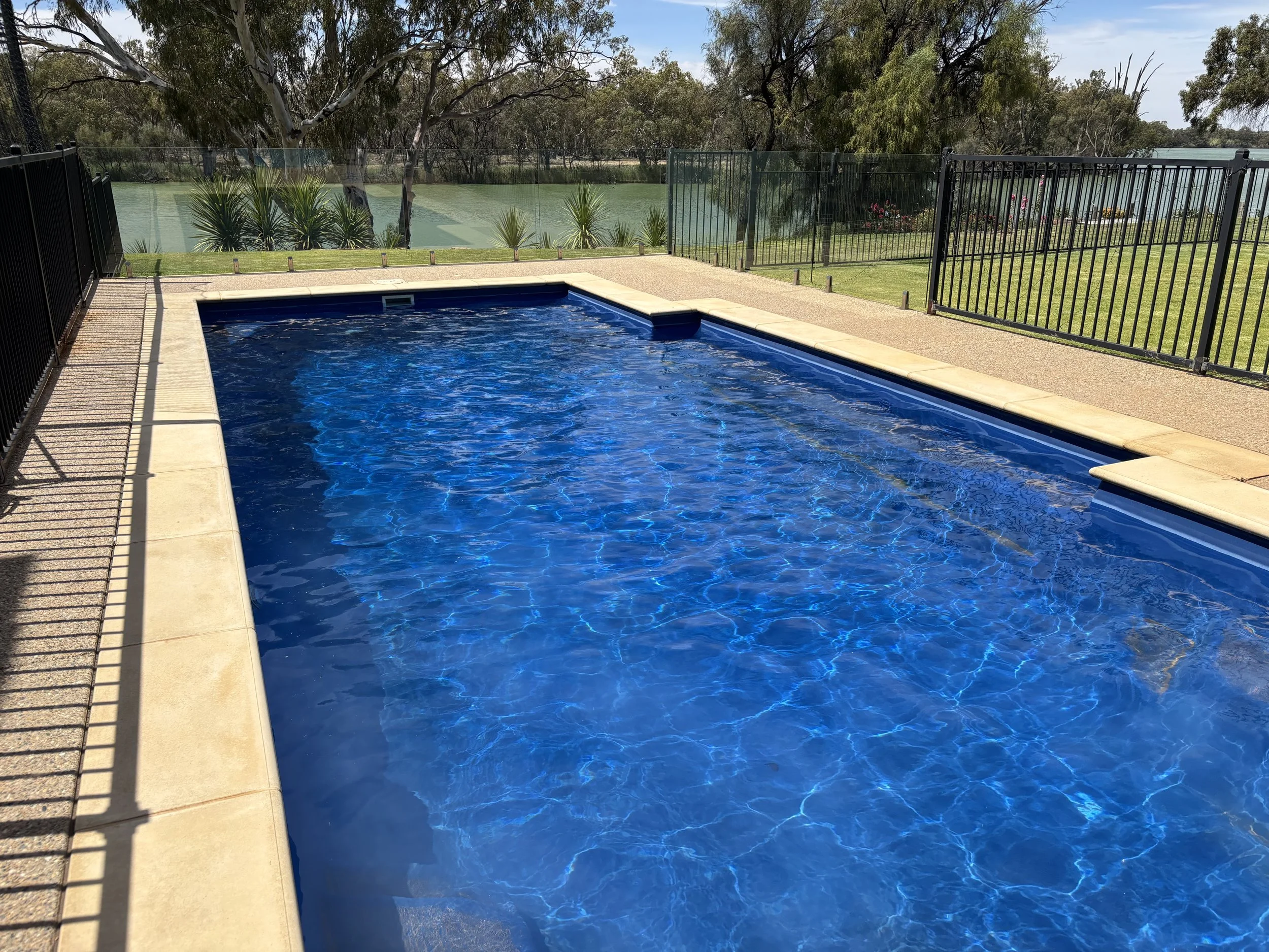 A view of a backyard swimming pool with a blue liner, surrounded by a beige concrete deck, black metal fence, and some green grass and trees in the background.