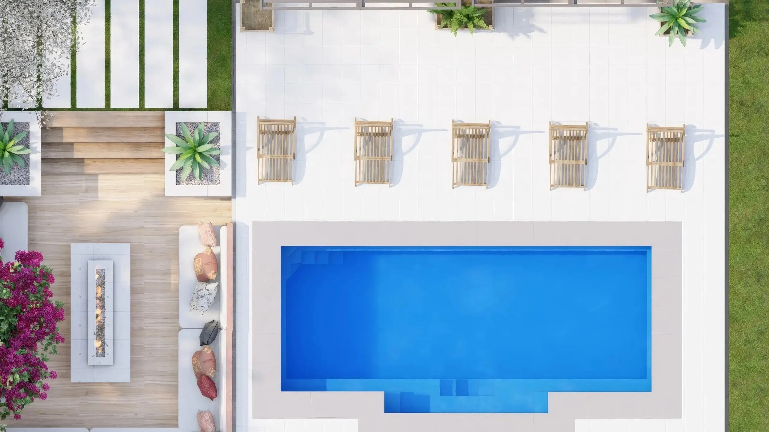 Top-down view of a modern backyard with a swimming pool, six wooden lounge chairs, a seating area with cushions, a fire pit with surrounding chairs, and various plants and greenery.