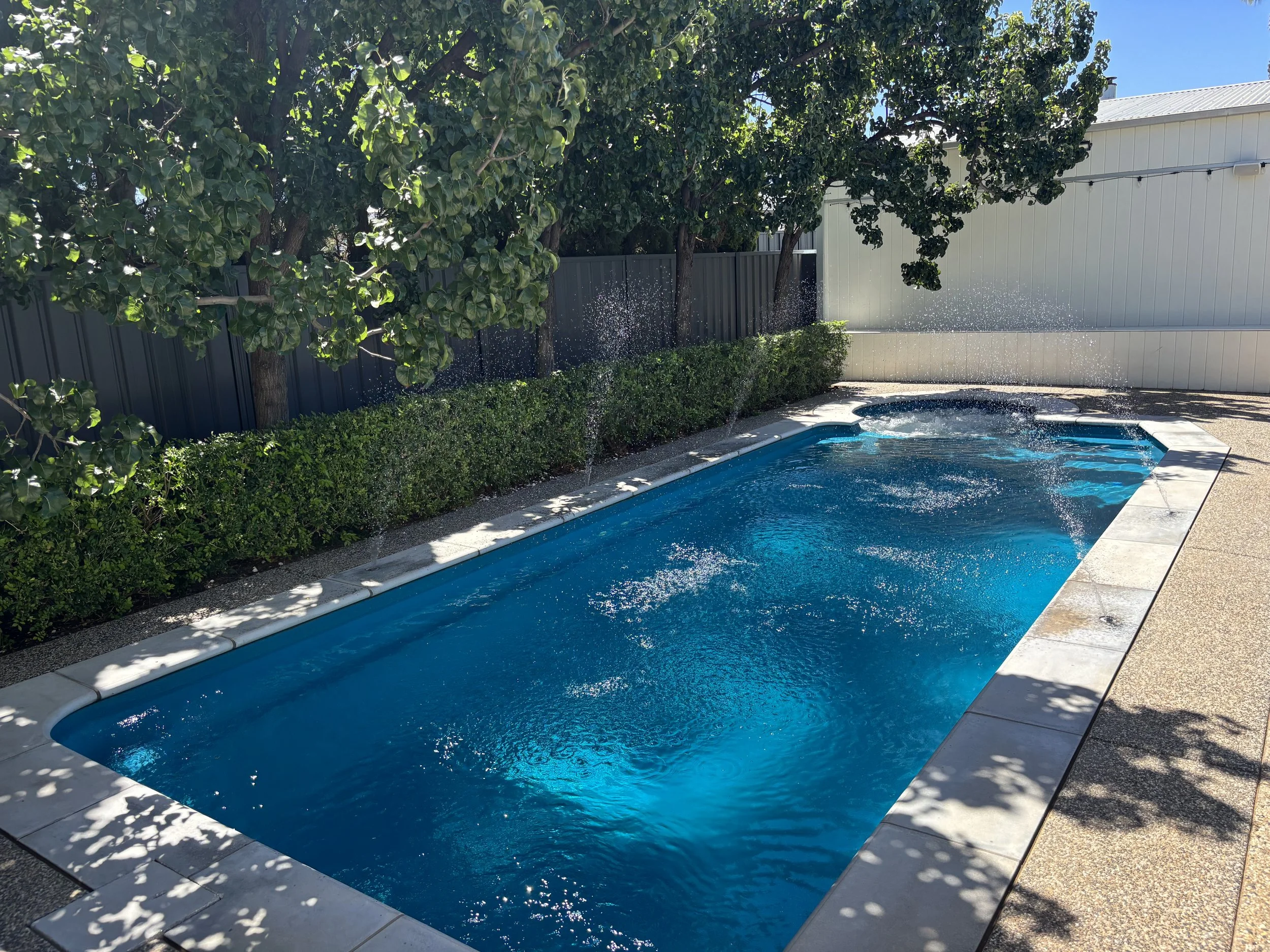 A backyard swimming pool with clear blue water, surrounded by a stone border and beige concrete deck, with three trees and a green hedge along a dark fence, under a clear sky.