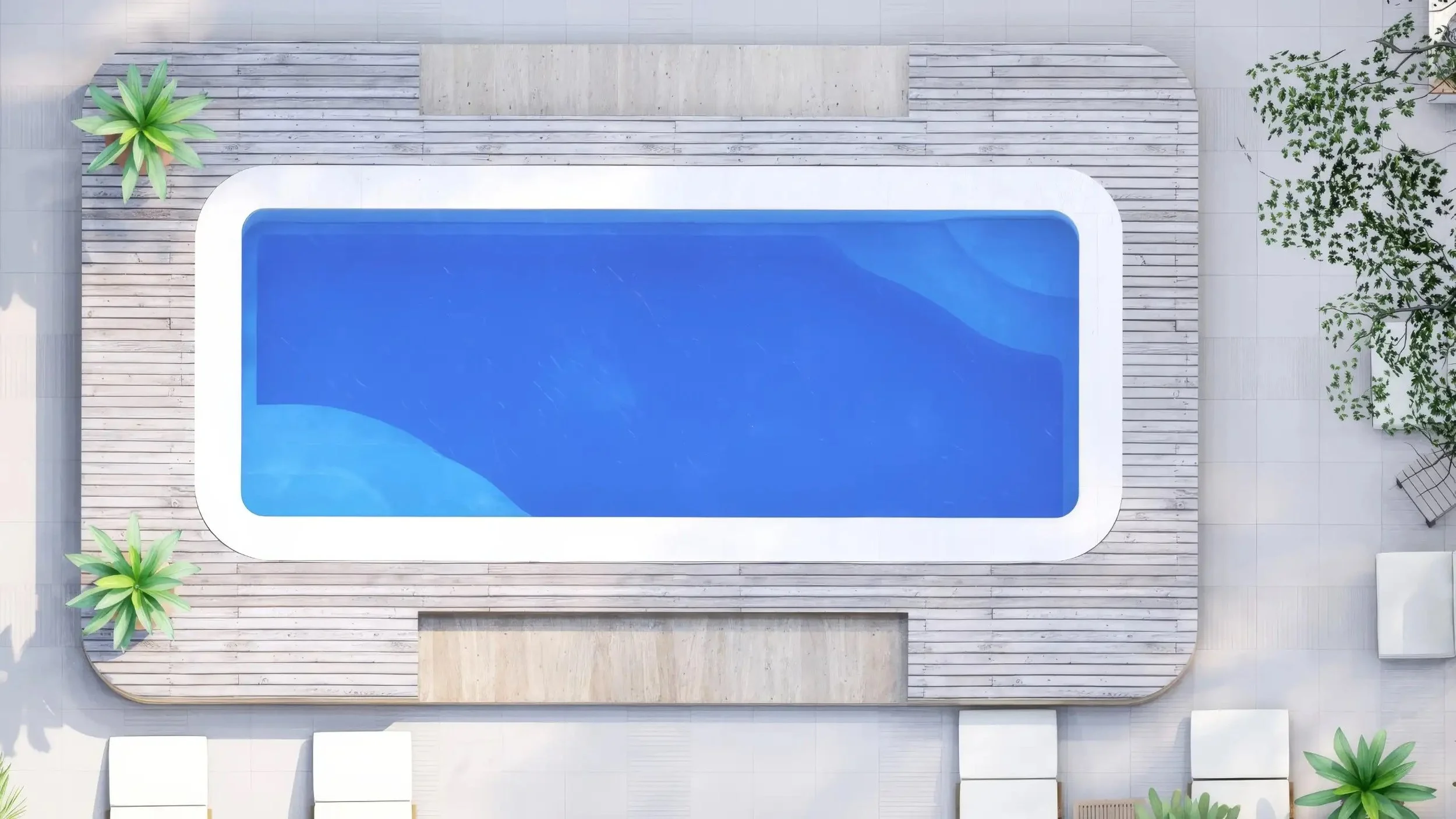 Top-down view of a rectangular swimming pool with blue water, surrounded by a wooden deck, green plants, and outdoor furniture.