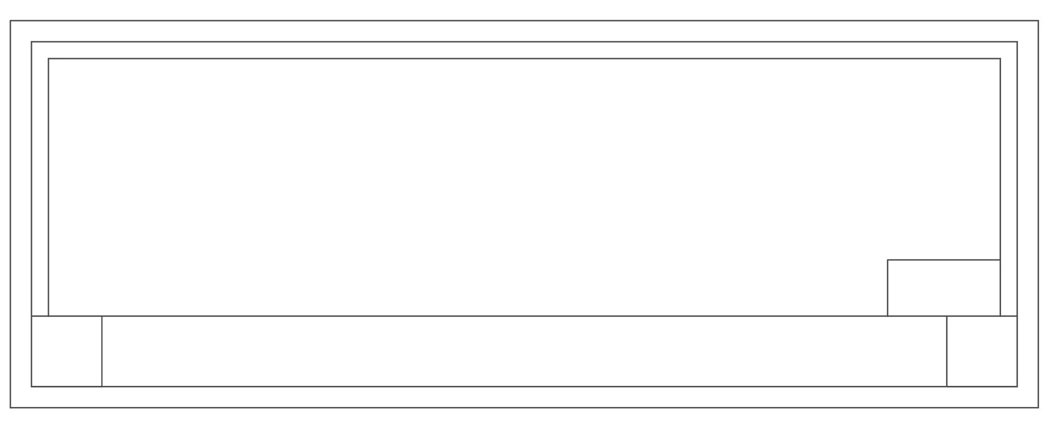 Outline of a long rectangular object with multiple smaller rectangles and areas inside.